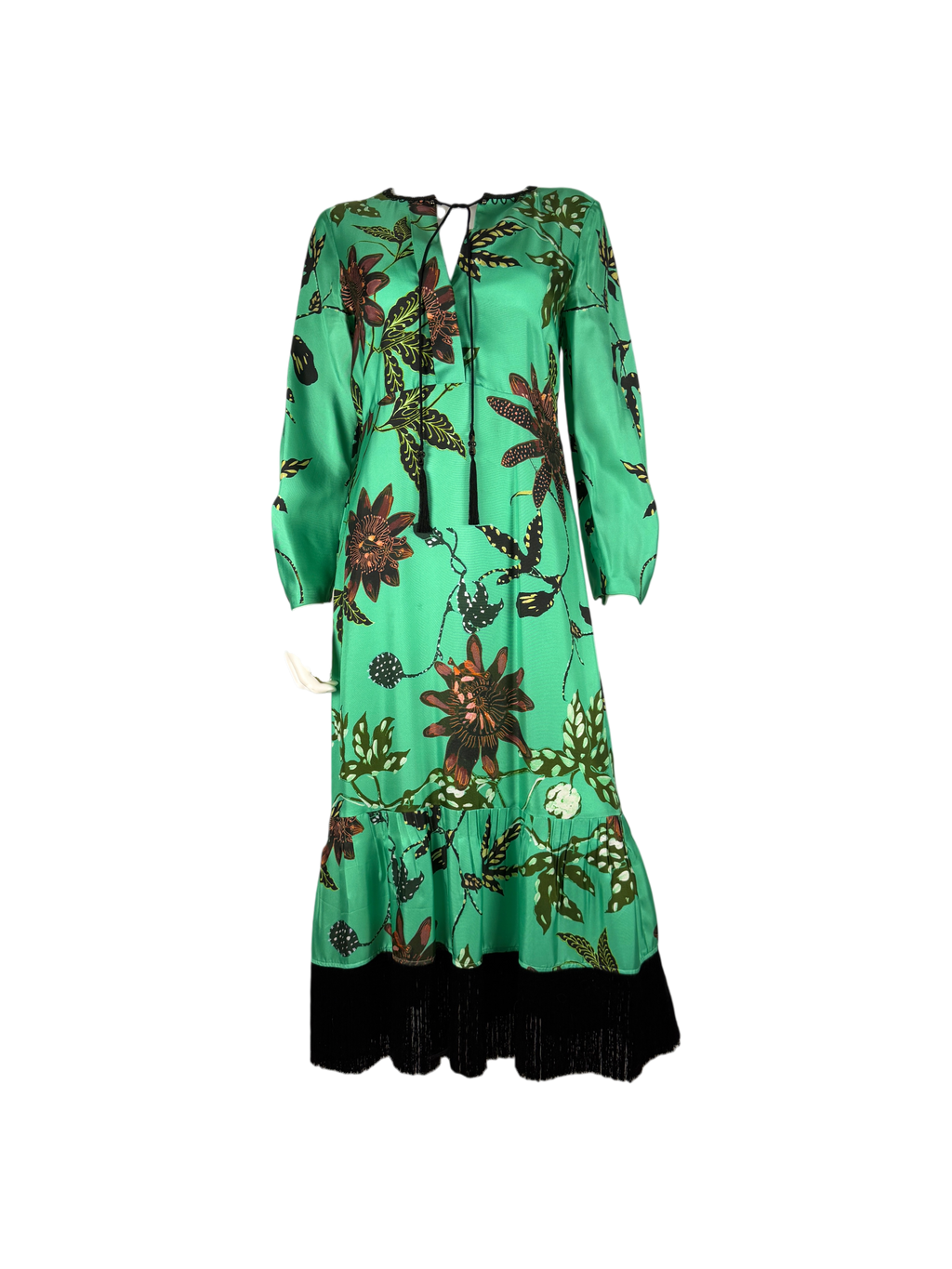 Dorothee Schumacher Green Black Botanical Print Fringe Midi Dress