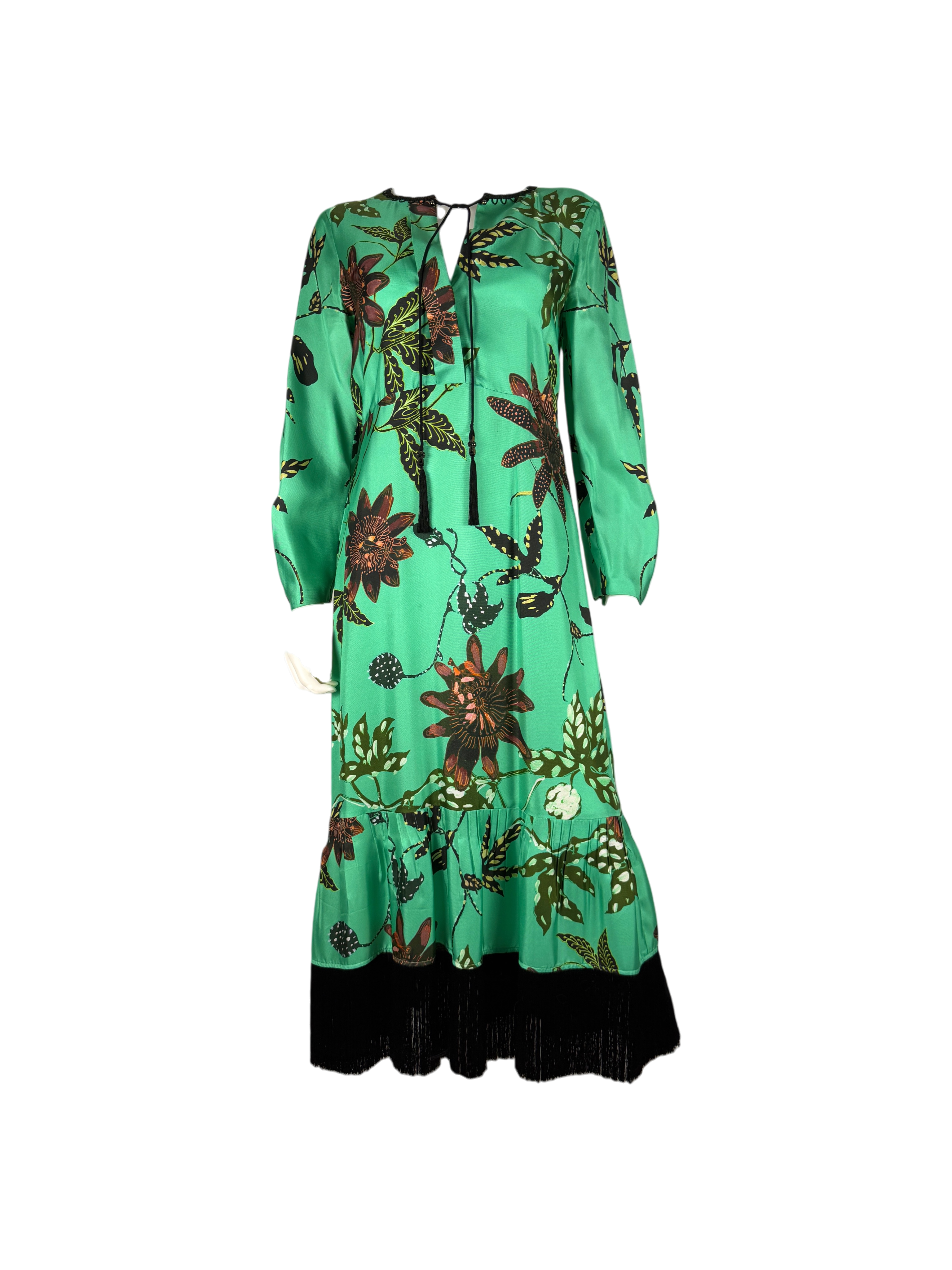 Dorothee Schumacher Green Black Botanical Print Fringe Midi Dress