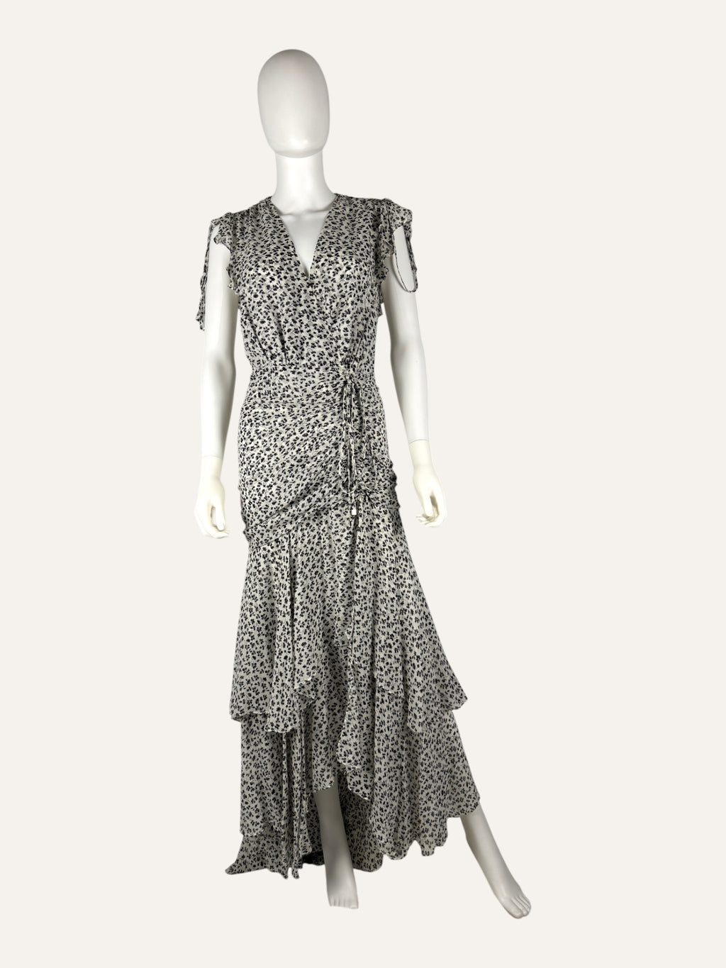 Veronica Beard Silk Ruched Maxi Dress White and Black