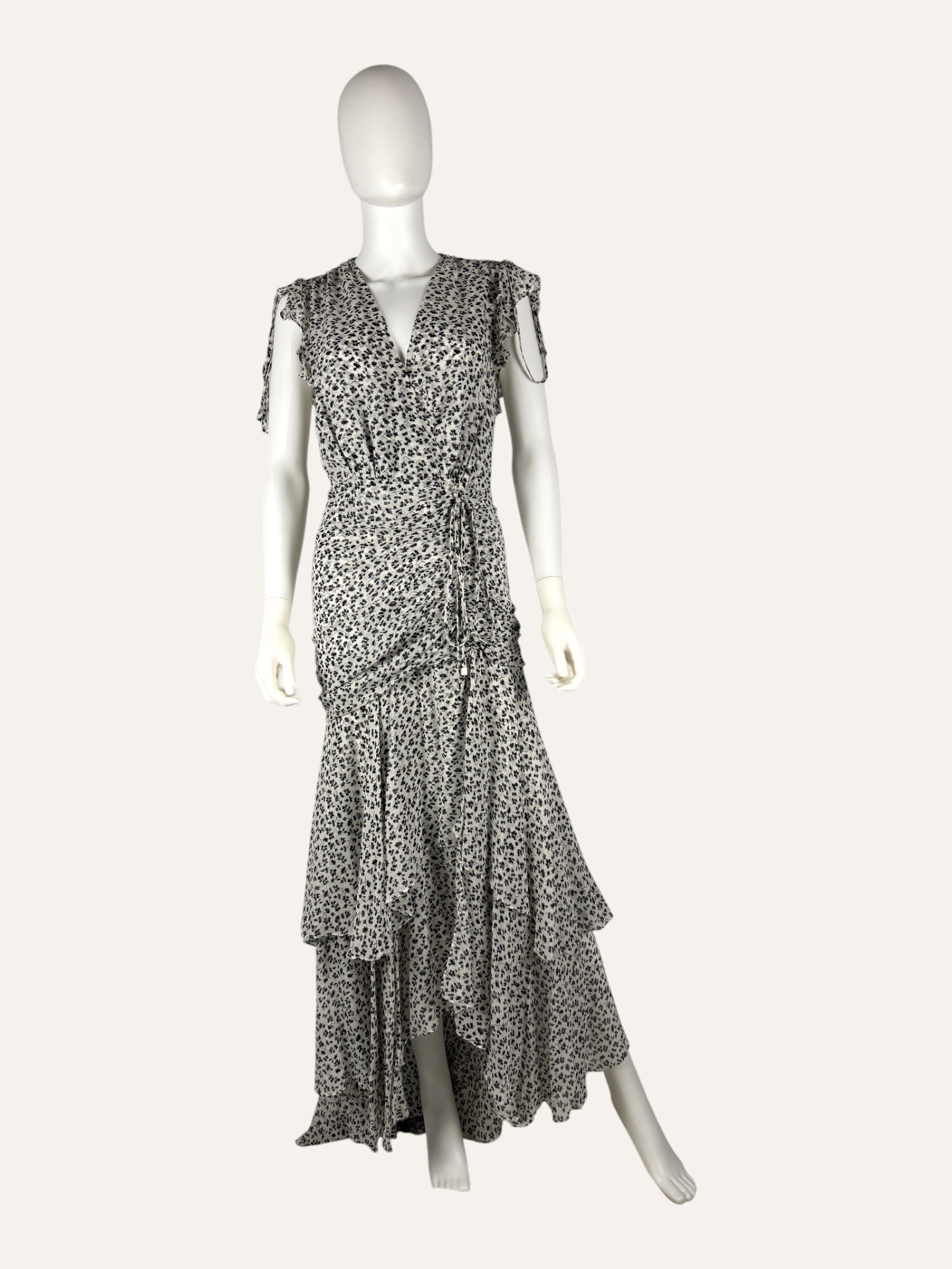 Veronica Beard Silk Ruched Maxi Dress White and Black