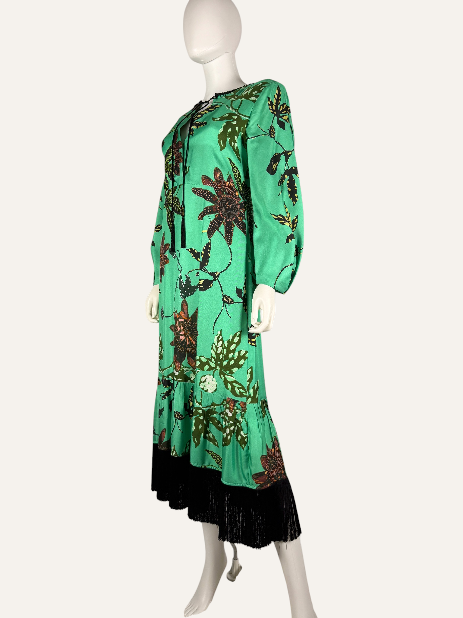Dorothee Schumacher Green Black Botanical Print Fringe Midi Dress