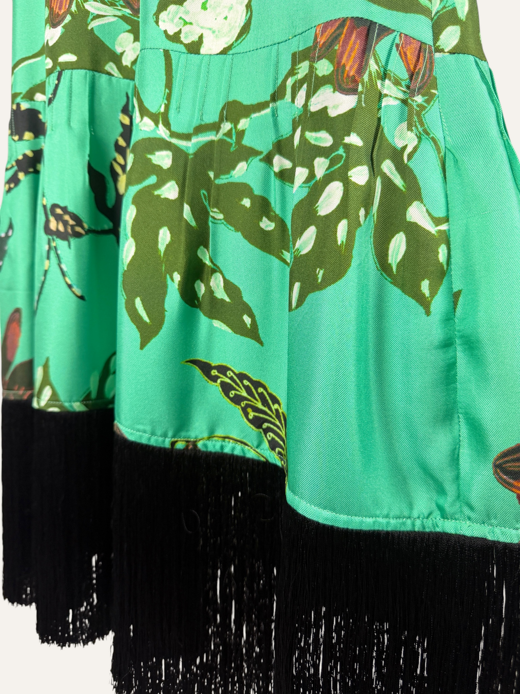 Dorothee Schumacher Green Black Botanical Print Fringe Midi Dress