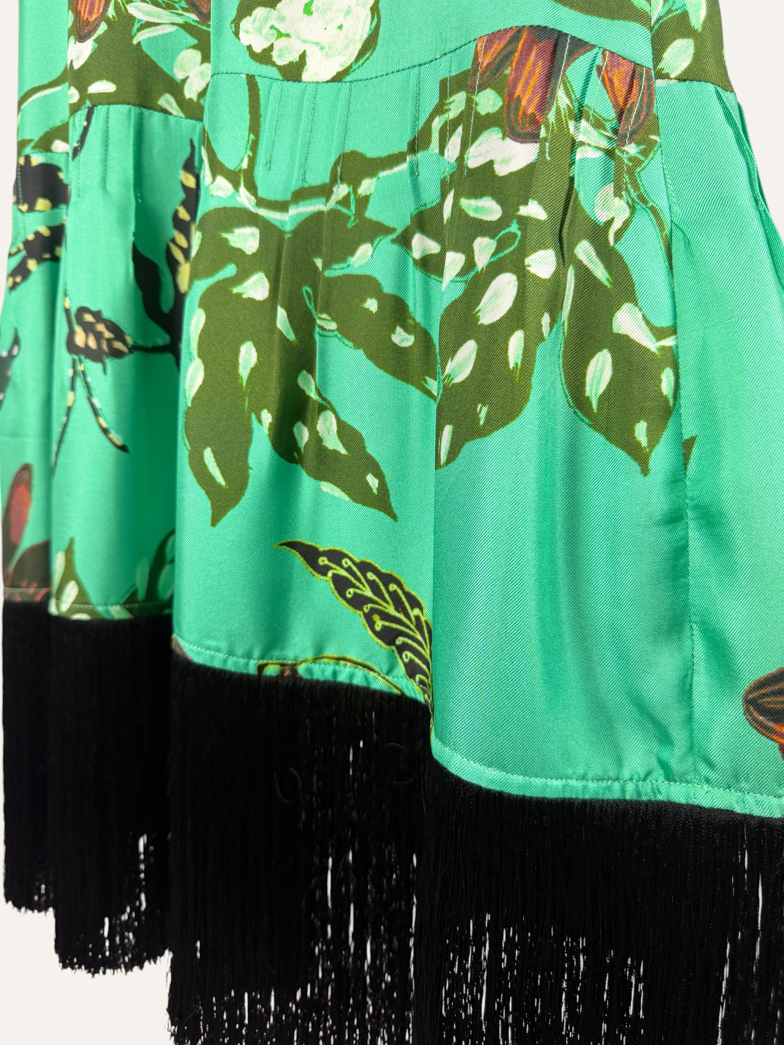 Dorothee Schumacher Green Black Botanical Print Fringe Midi Dress