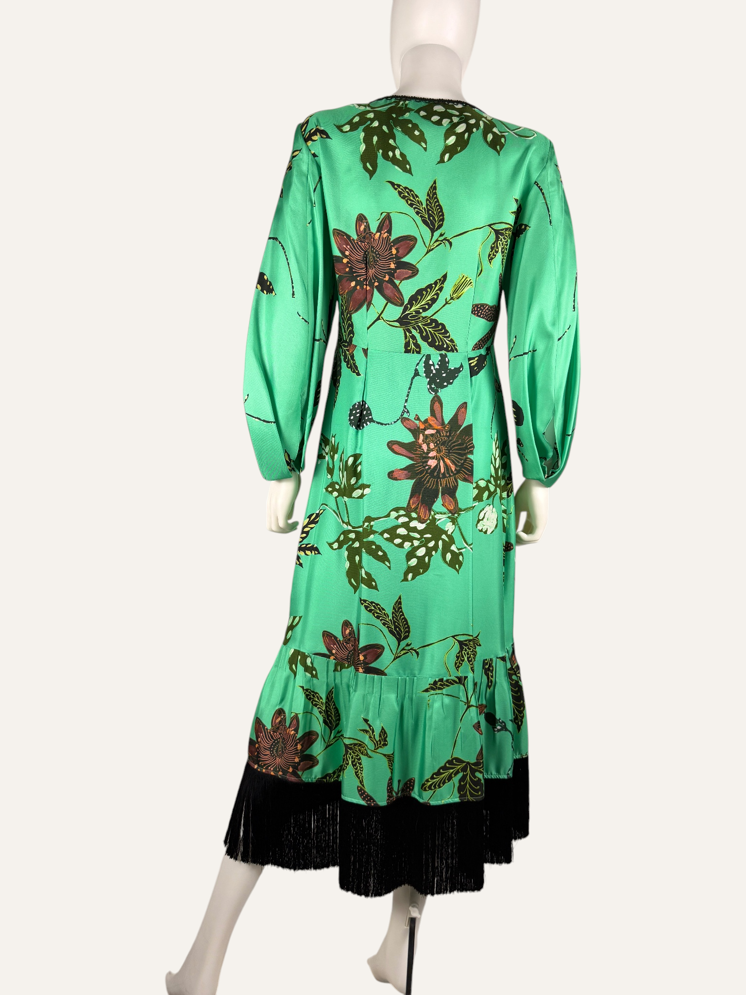 Dorothee Schumacher Green Black Botanical Print Fringe Midi Dress