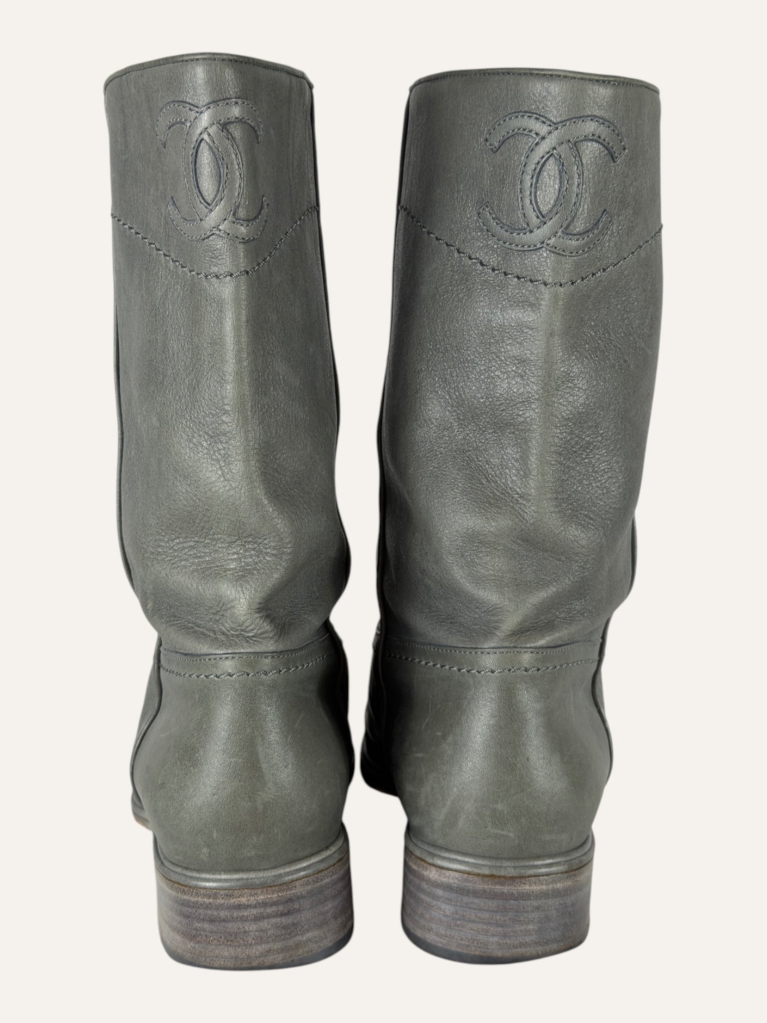 Chanel Interlocking CC Logo Gray Moto Boots