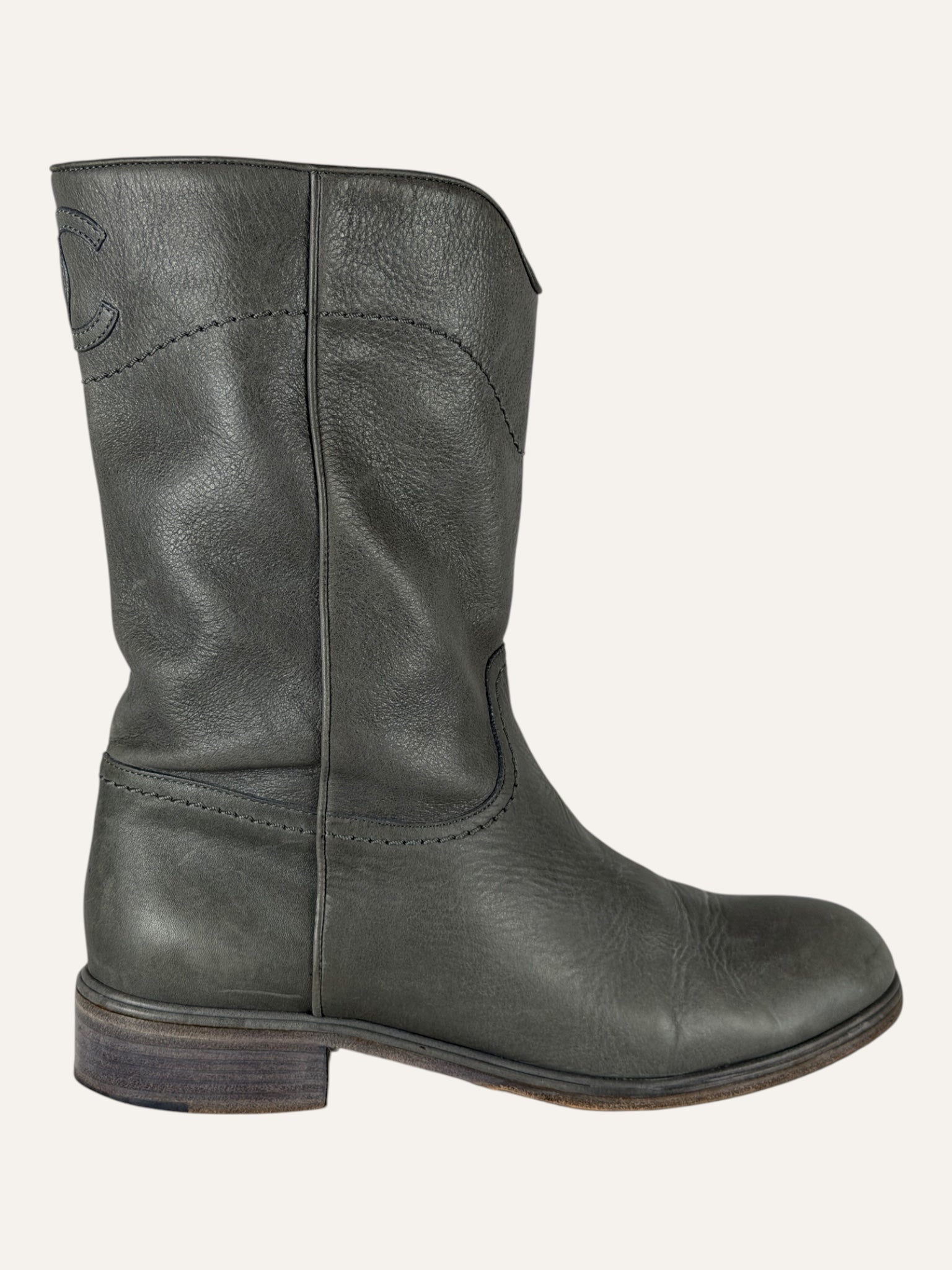 Chanel Interlocking CC Logo Gray Moto Boots