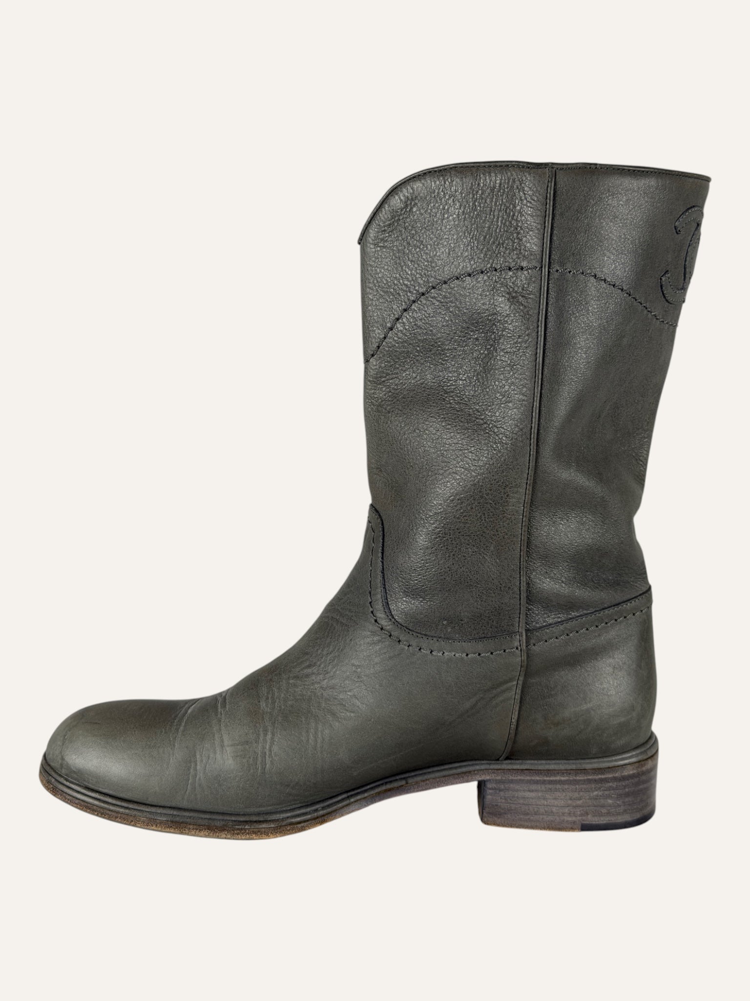 Chanel Interlocking CC Logo Gray Moto Boots