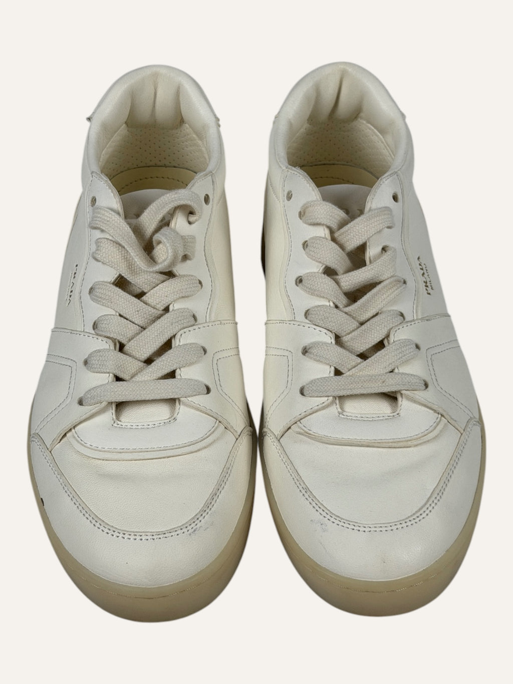 Prada Logo-Print Leather Sneakers Off White