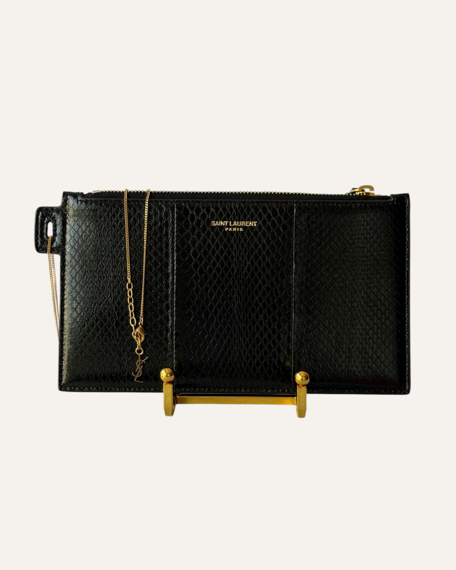 Saint Laurent Black Watersnake Chain Pouch Gold Hardware