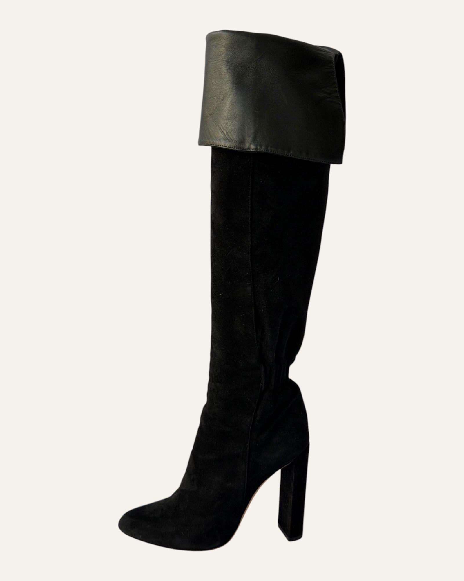 Christian Dior Pleated Thigh High Boots Black Suede Leather