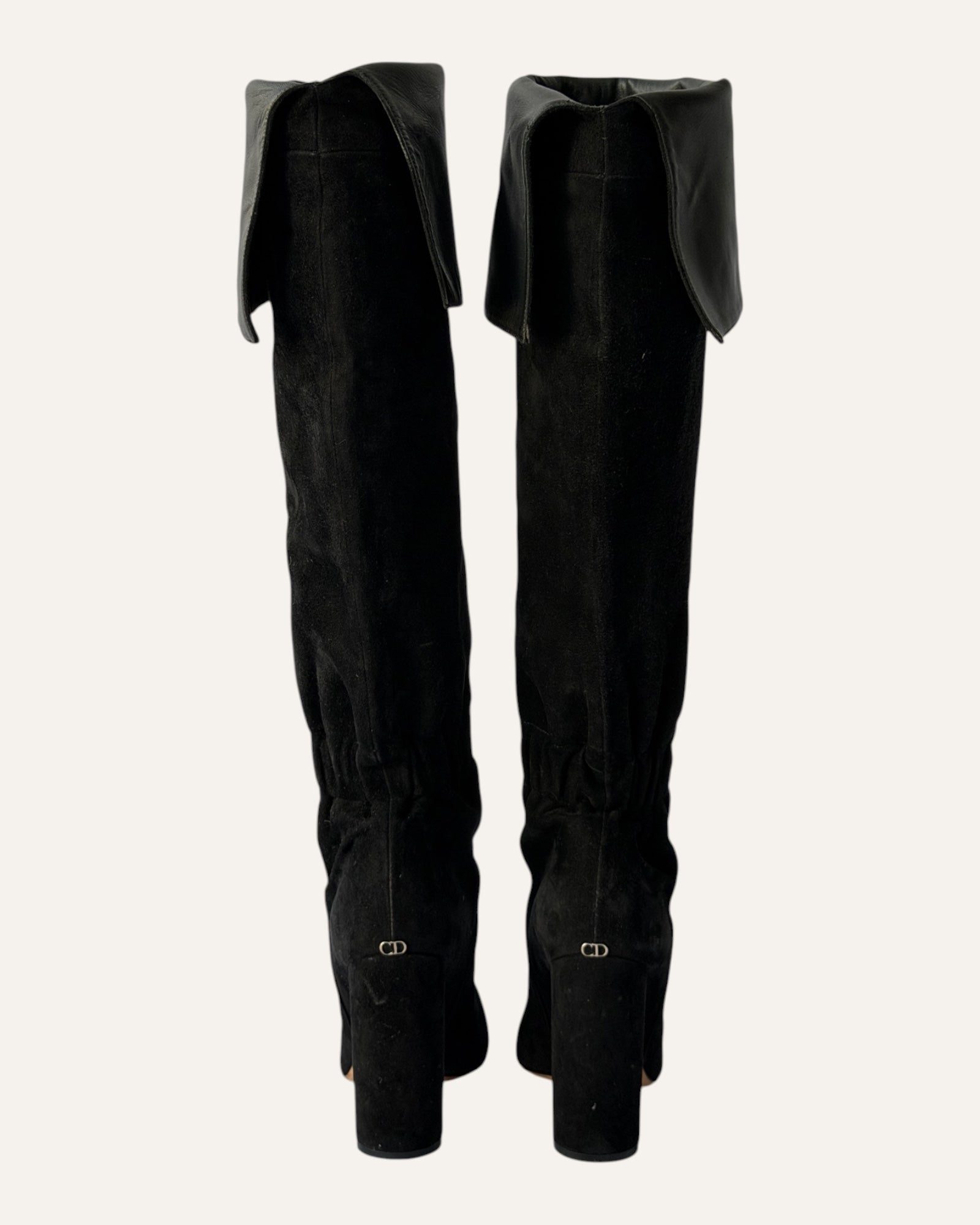 Christian Dior Pleated Thigh High Boots Black Suede Leather
