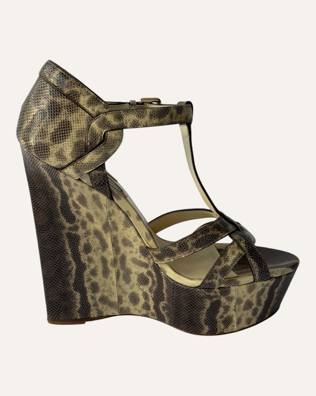 Brian Atwood taupe and brown snake print platform wedge sandals with T-strap and gold buckle
