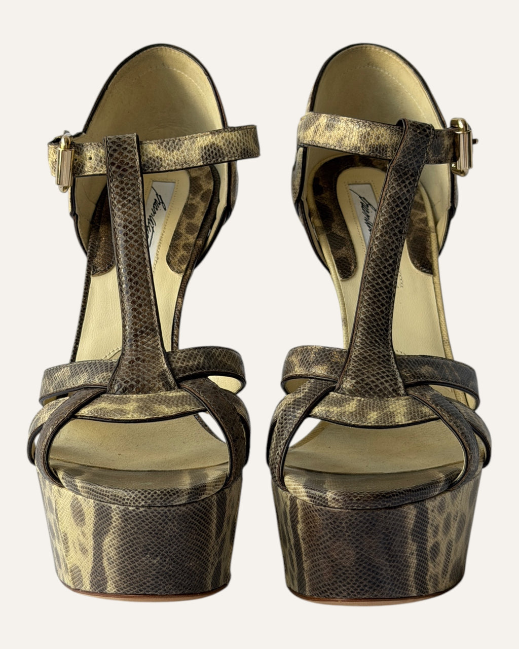 Brian Atwood taupe and brown snake print platform wedge sandals with T-strap and gold buckle