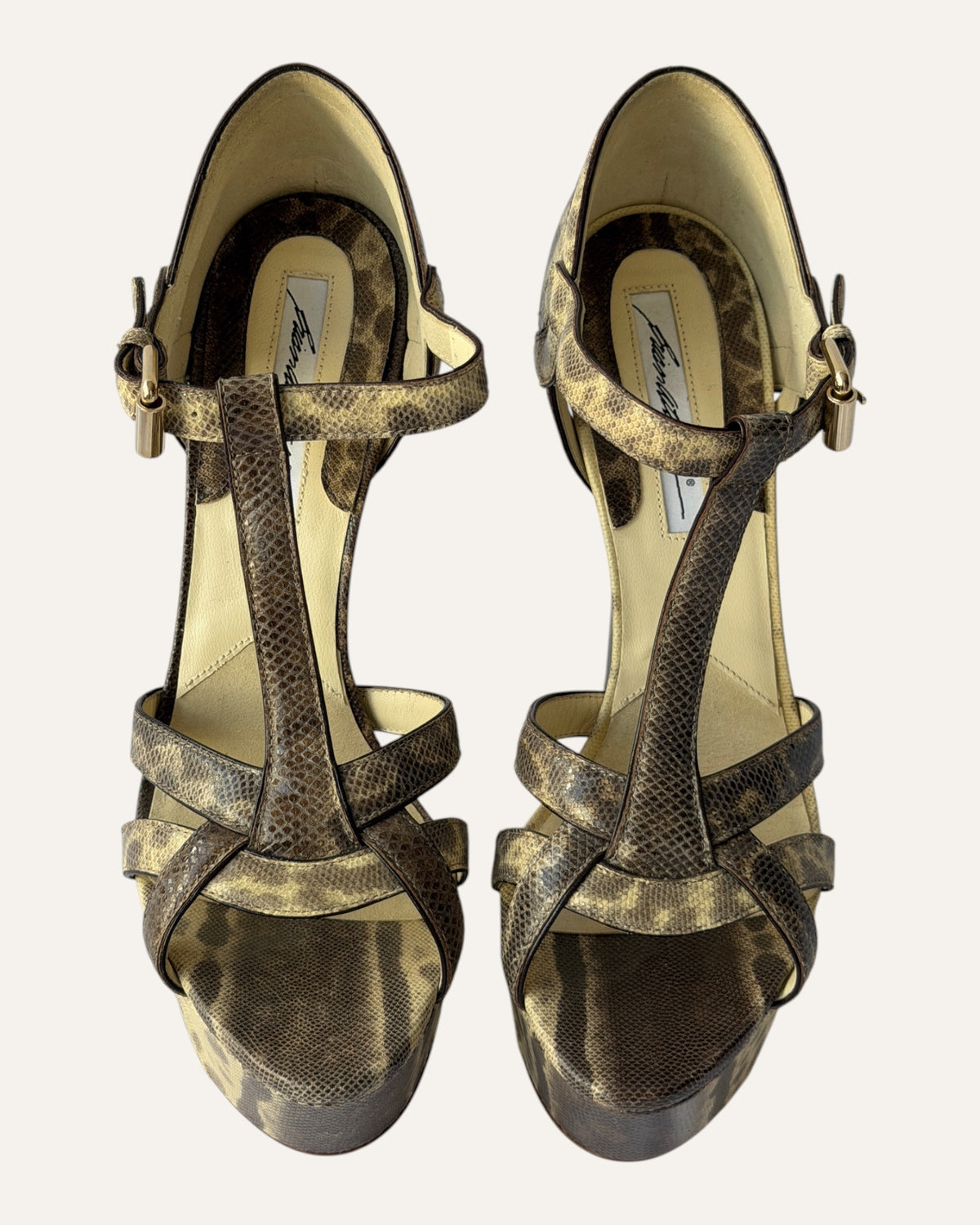 Brian Atwood taupe and brown snake print platform wedge sandals with T-strap and gold buckle