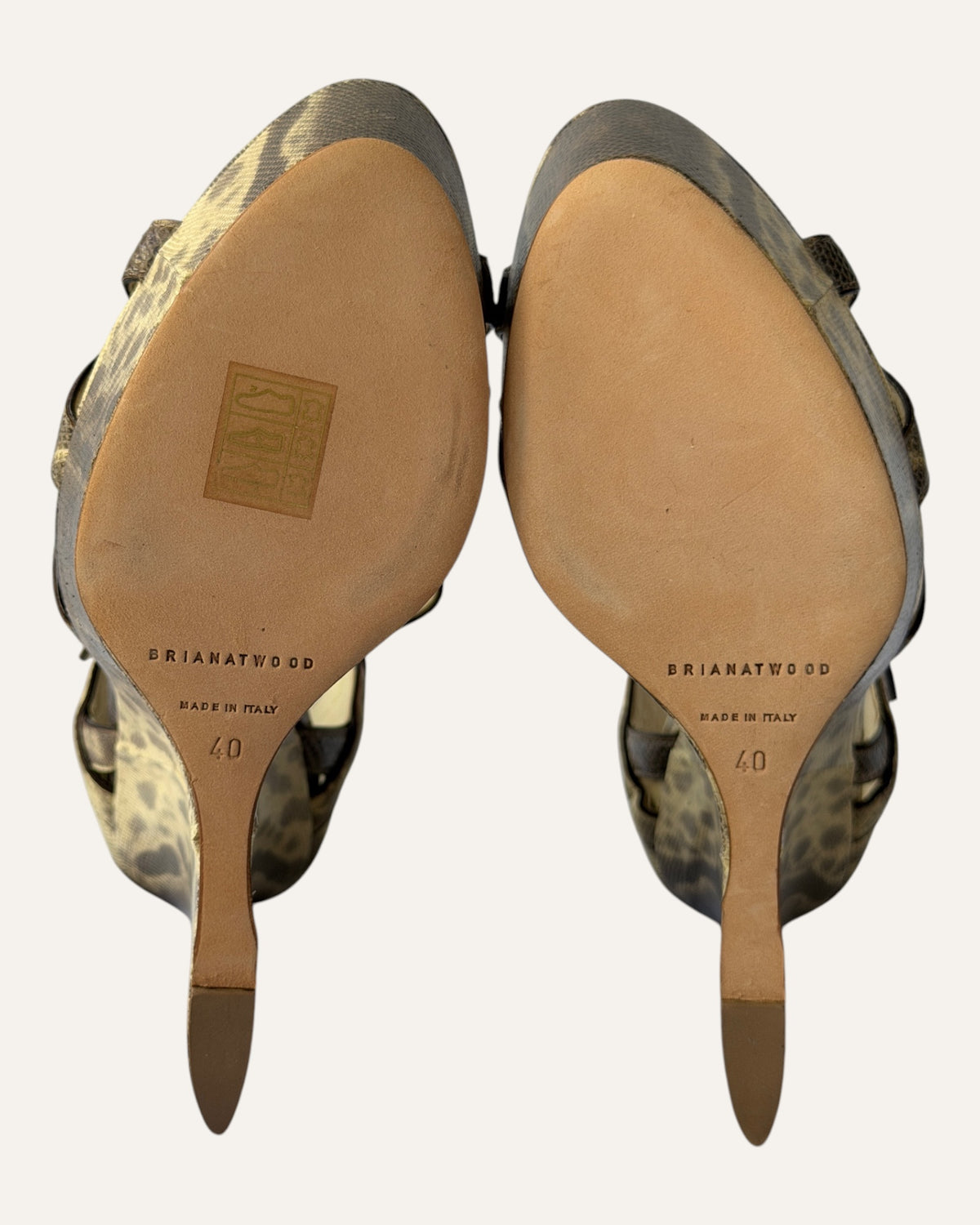 Brian Atwood taupe and brown snake print platform wedge sandals with T-strap and gold buckle