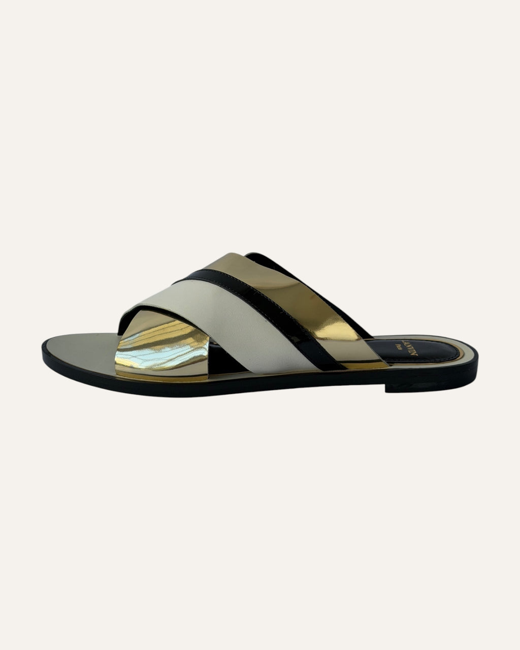 Lanvin criss cross slide sandals, Lanvin mirrored gold sandals, Lanvin flat leather sandals size 39, designer slide sandals