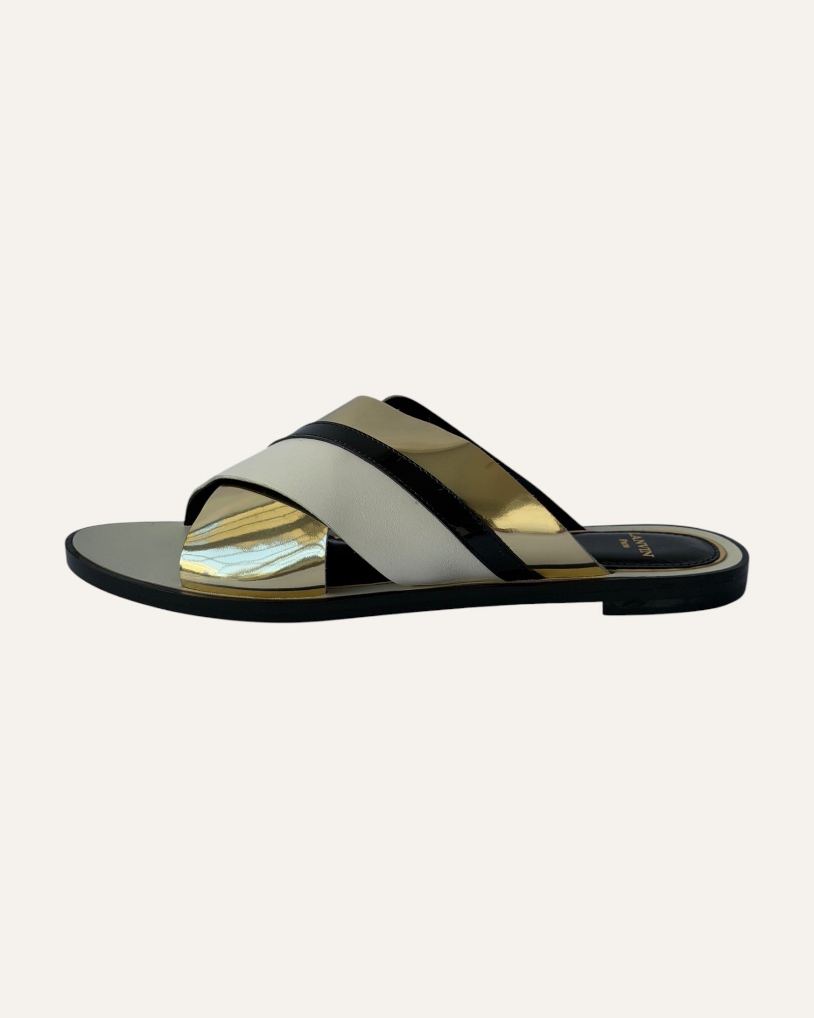 Lanvin criss cross slide sandals, Lanvin mirrored gold sandals, Lanvin flat leather sandals size 39, designer slide sandals