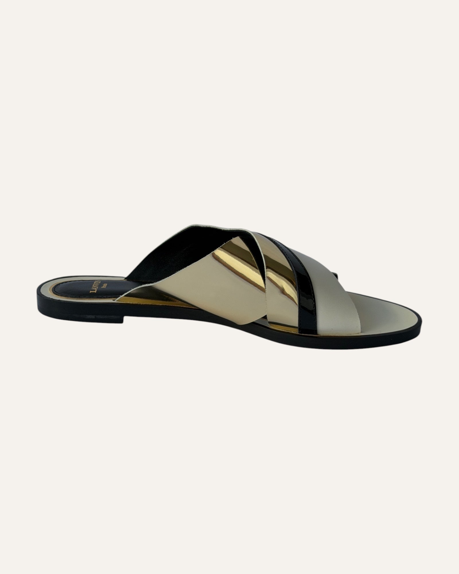 Lanvin criss cross slide sandals, Lanvin mirrored gold sandals, Lanvin flat leather sandals size 39, designer slide sandals