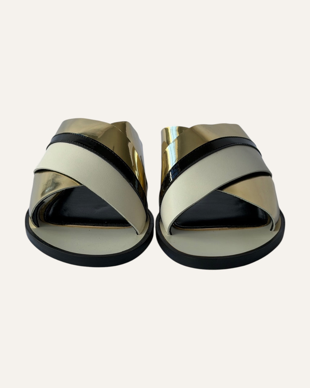 Lanvin criss cross slide sandals, Lanvin mirrored gold sandals, Lanvin flat leather sandals size 39, designer slide sandals