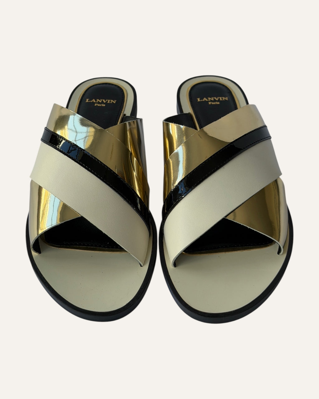 Lanvin criss cross slide sandals, Lanvin mirrored gold sandals, Lanvin flat leather sandals size 39, designer slide sandals