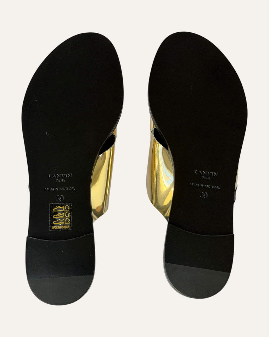 Lanvin criss cross slide sandals, Lanvin mirrored gold sandals, Lanvin flat leather sandals size 39, designer slide sandals