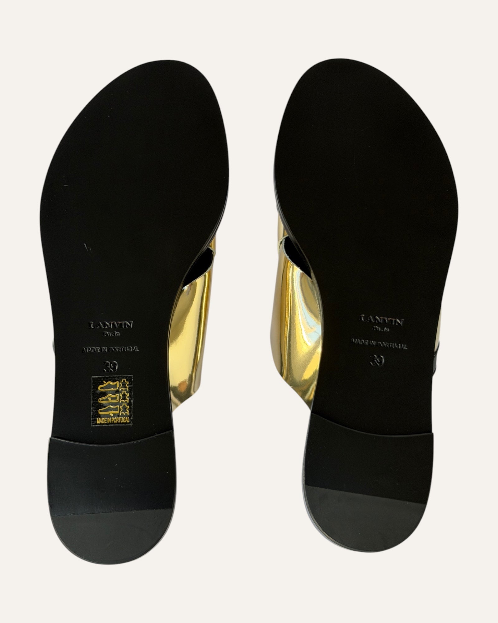 Lanvin criss cross slide sandals, Lanvin mirrored gold sandals, Lanvin flat leather sandals size 39, designer slide sandals
