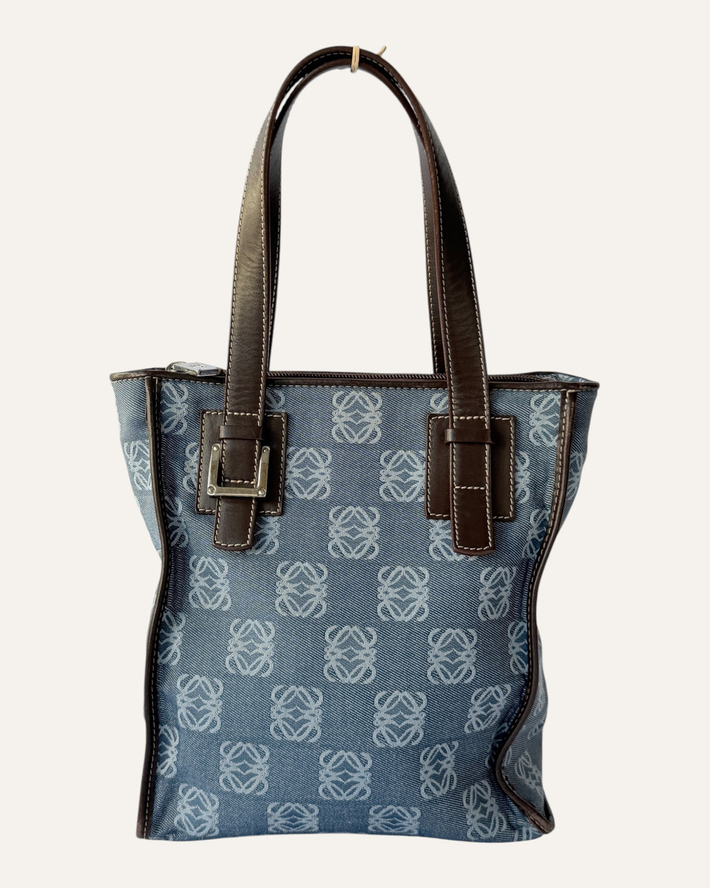 Loewe Anagram jacquard tote in denim blue canvas with brown leather trim and top handles