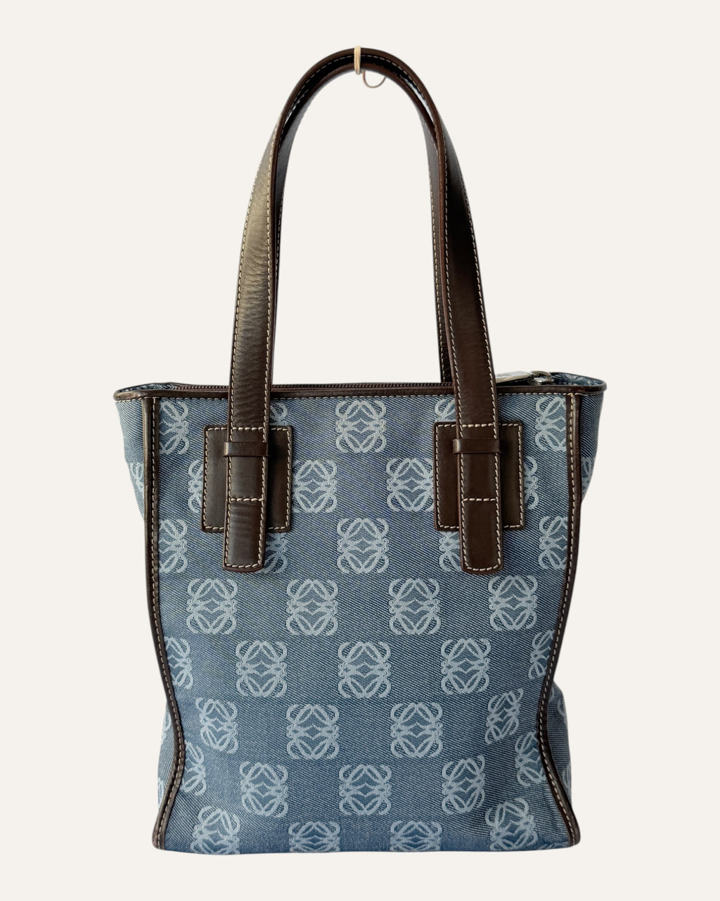 Loewe Anagram jacquard tote in denim blue canvas with brown leather trim and top handles