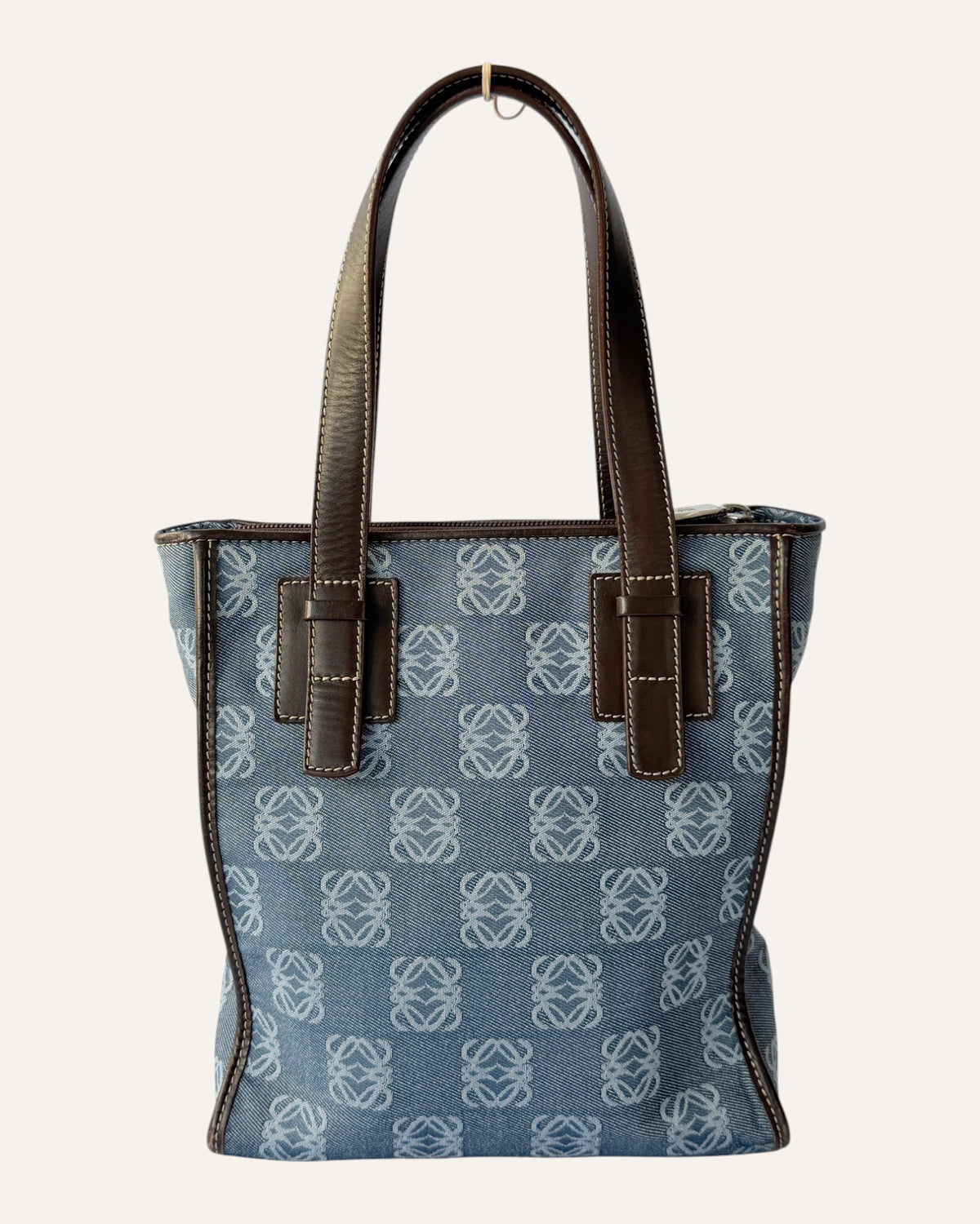 Loewe Anagram jacquard tote in denim blue canvas with brown leather trim and top handles