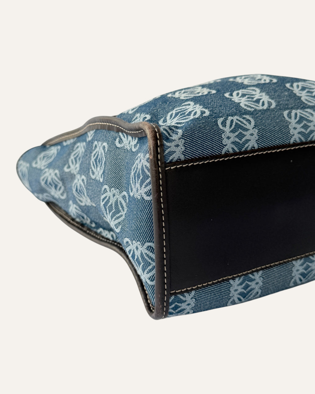 Loewe Anagram jacquard tote in denim blue canvas with brown leather trim and top handles