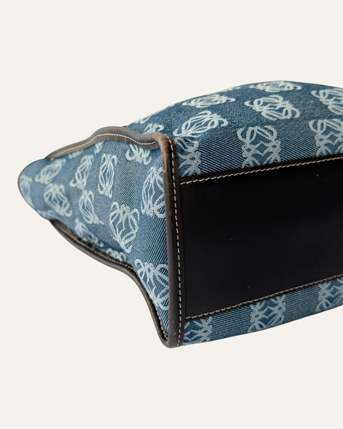 Loewe Anagram jacquard tote in denim blue canvas with brown leather trim and top handles