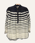 Zimmermann navy and white striped linen oversized blouse with gold buttons and mandarin collar
