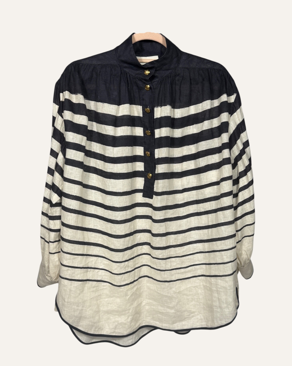 Zimmermann navy and white striped linen oversized blouse with gold buttons and mandarin collar