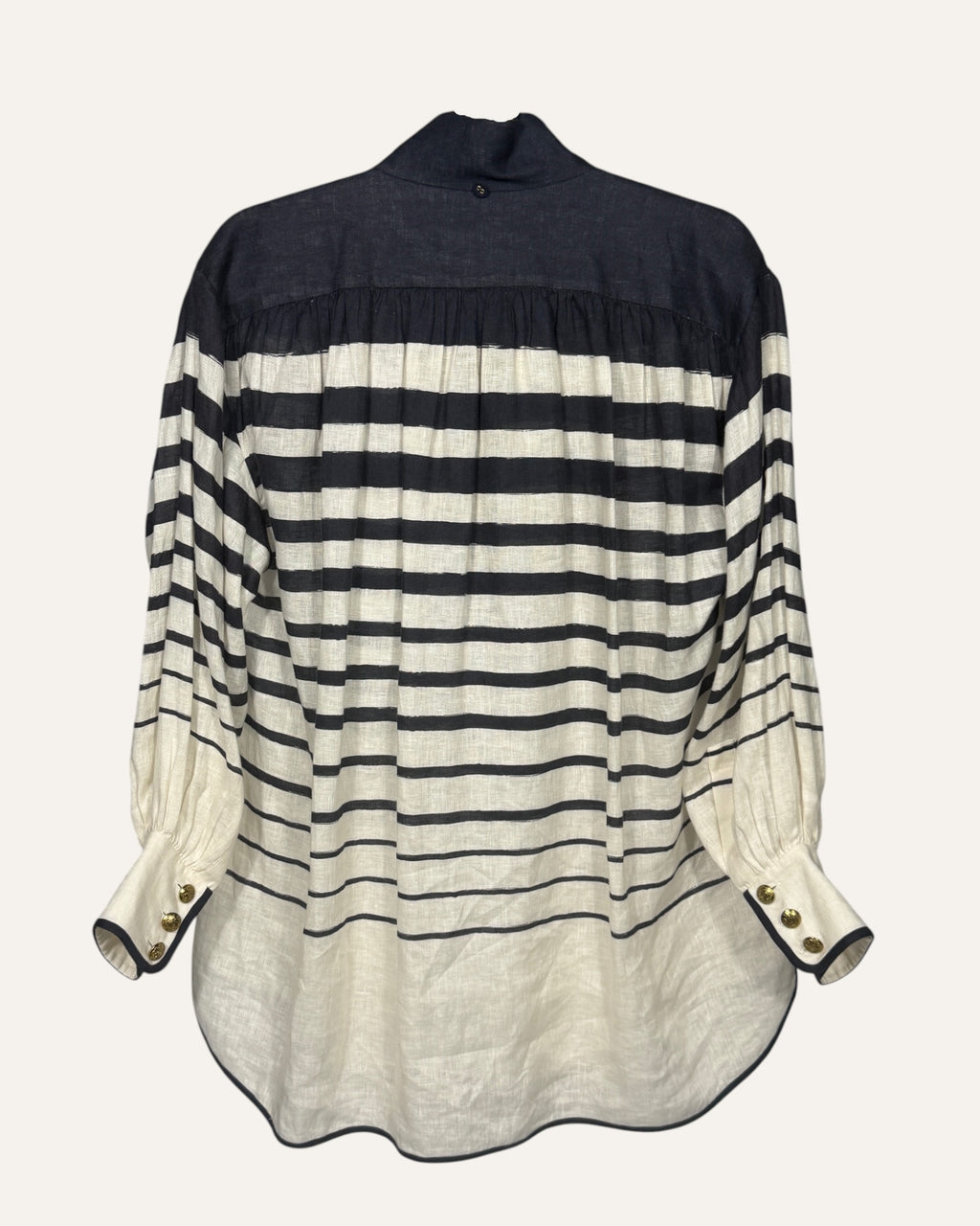 Zimmermann navy and white striped linen oversized blouse with gold buttons and mandarin collar