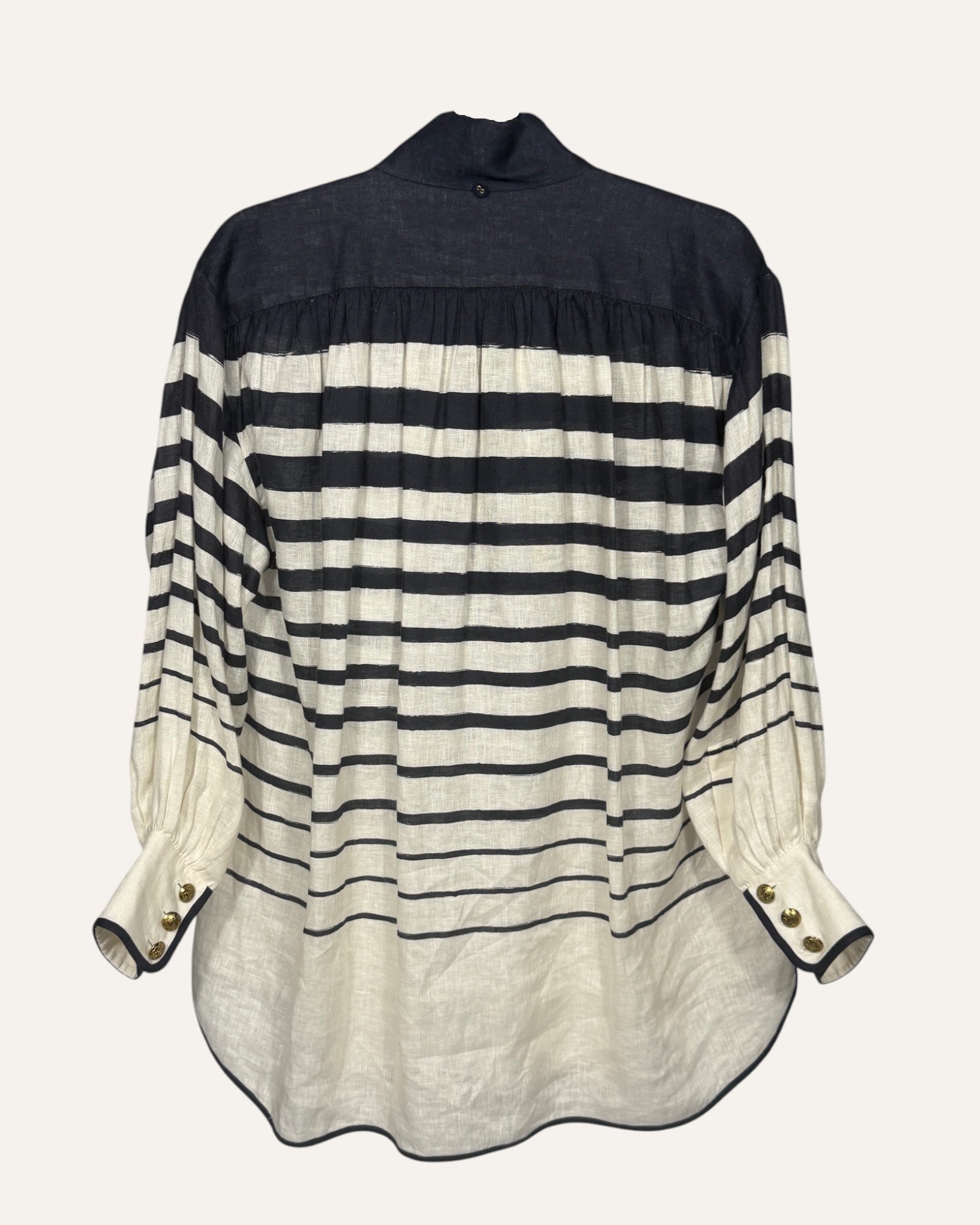 Zimmermann navy and white striped linen oversized blouse with gold buttons and mandarin collar