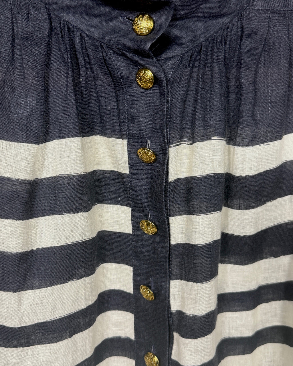 Zimmermann navy and white striped linen oversized blouse with gold buttons and mandarin collar