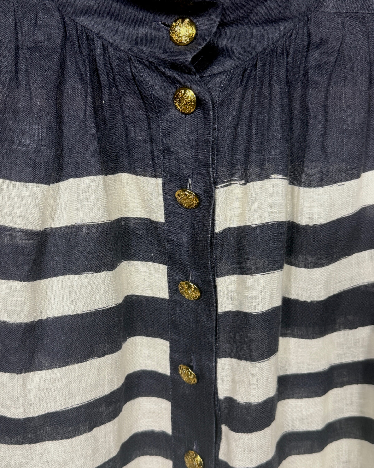 Zimmermann navy and white striped linen oversized blouse with gold buttons and mandarin collar