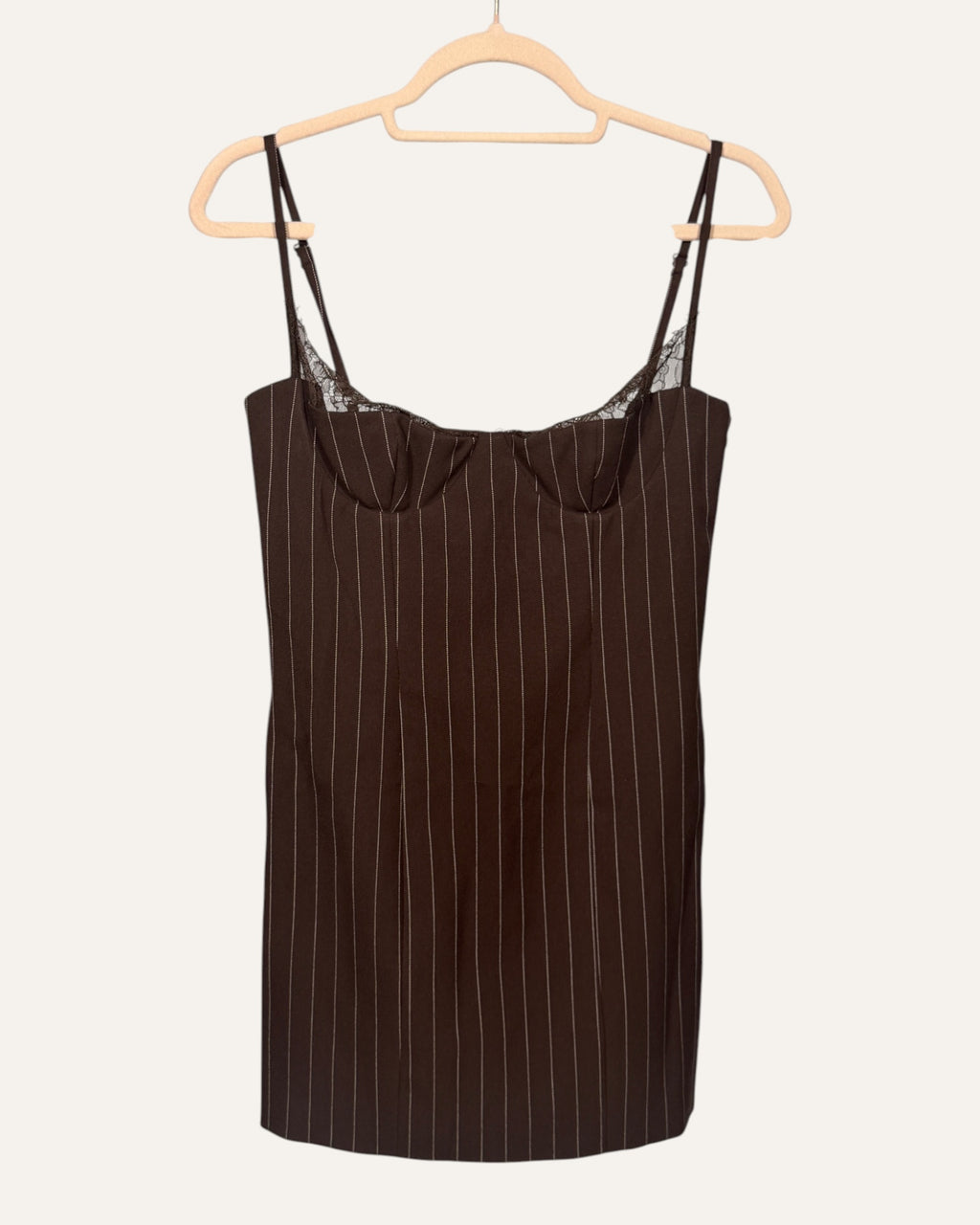 Retrofête Brona brown pinstripe mini dress with lace-trimmed underwire bustier
