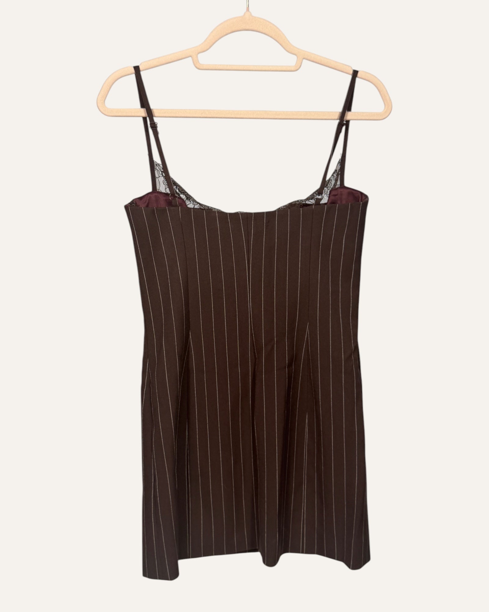 Retrofête Brona brown pinstripe mini dress with lace-trimmed underwire bustier
