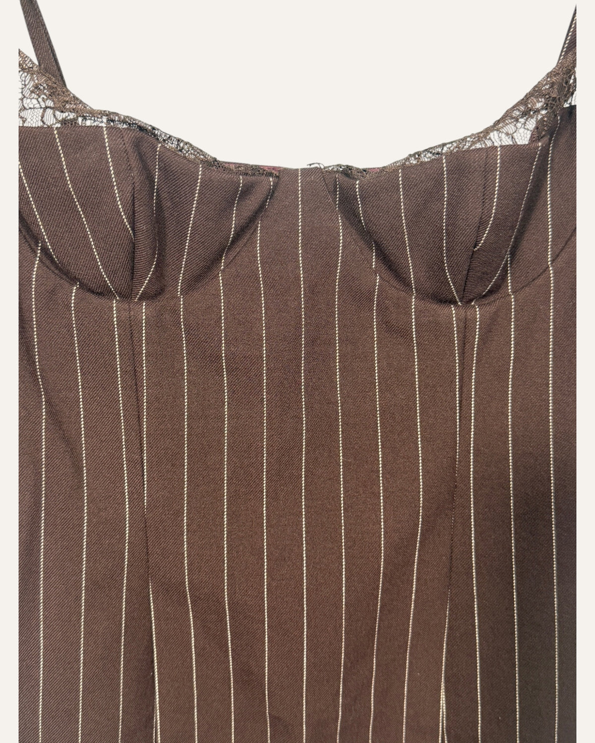 Retrofête Brona brown pinstripe mini dress with lace-trimmed underwire bustier