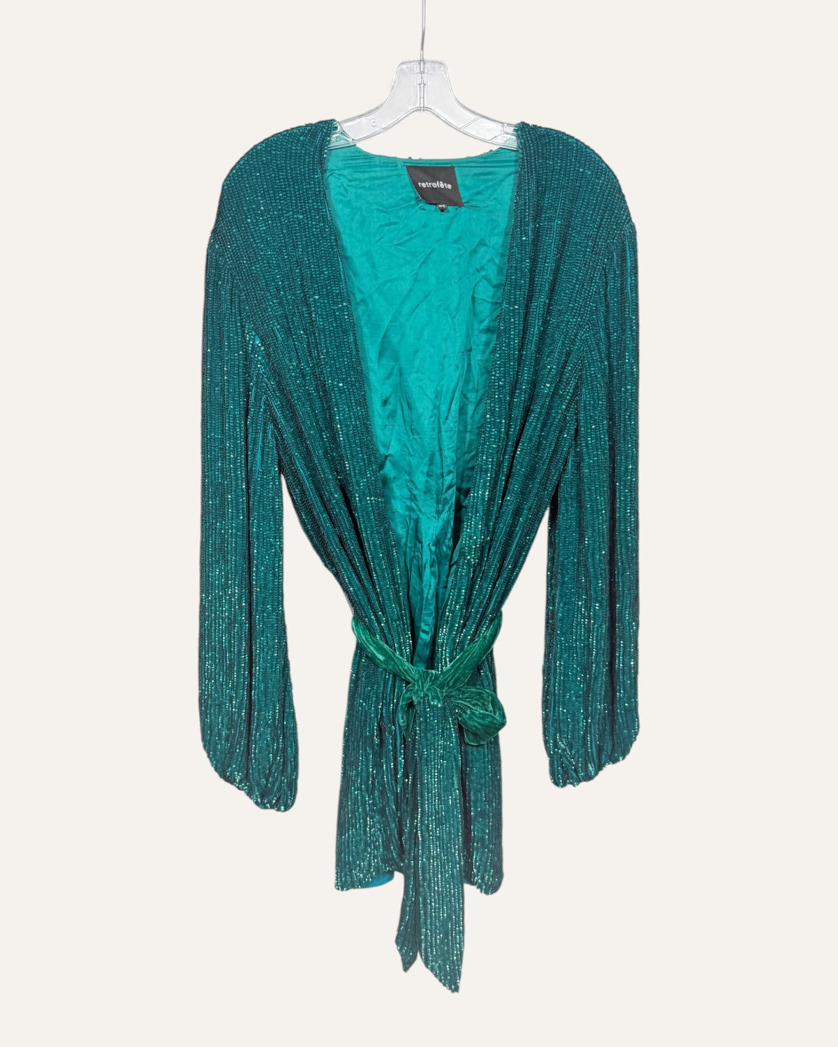 Retrofête Gabrielle emerald green sequin robe jacket with velvet tie belt