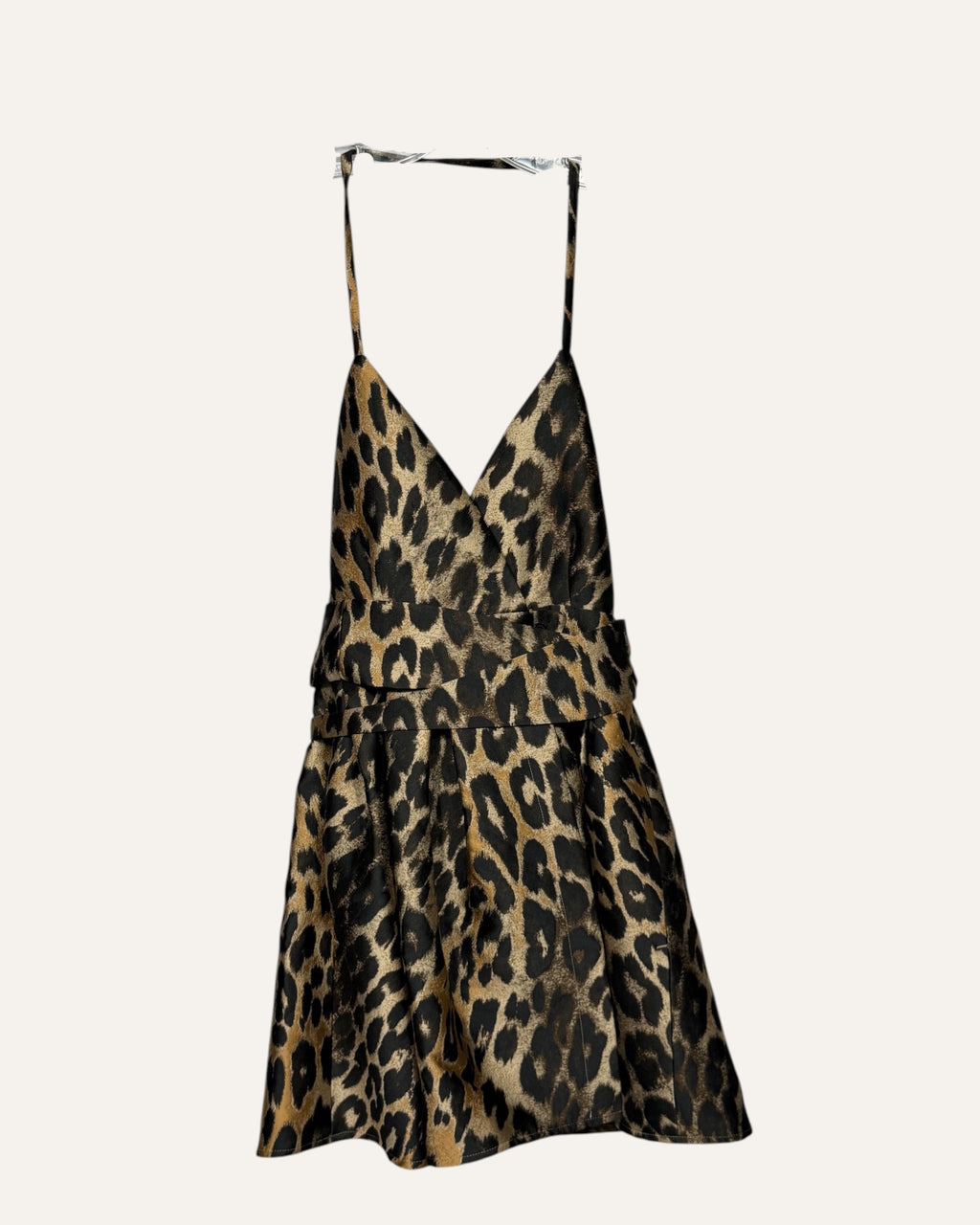 Tre black halter neck mini dress with leopard print A-line skirt and pockets