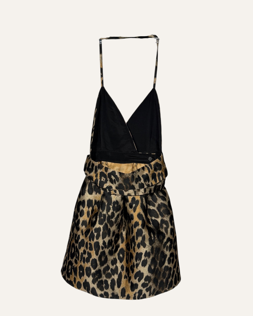 Tre black halter neck mini dress with leopard print A-line skirt and pockets