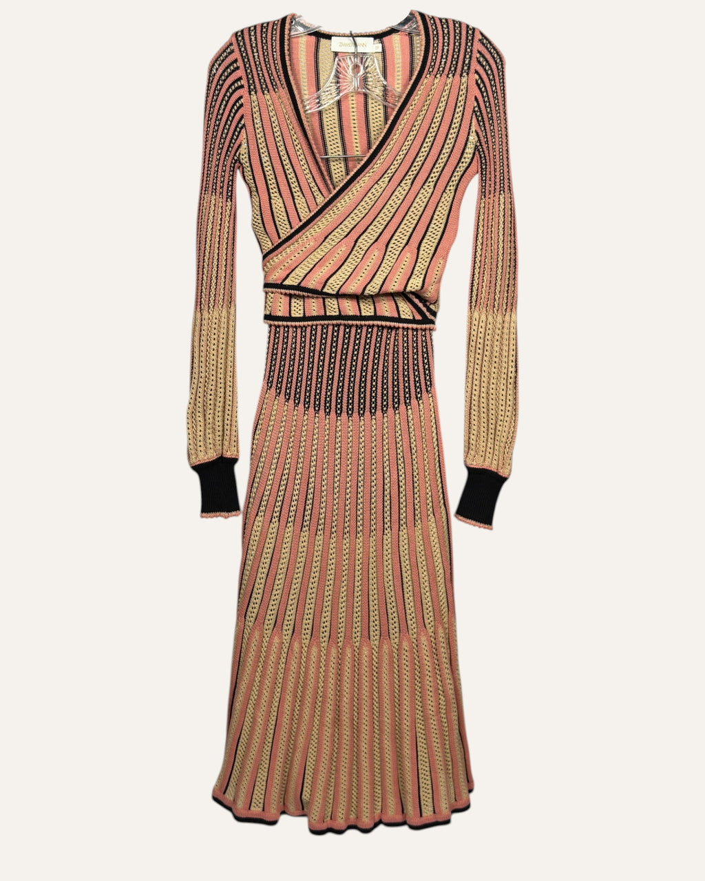 Zimmermann pink, black, and cream striped knit wrap sweater and matching midi skirt two-piece set