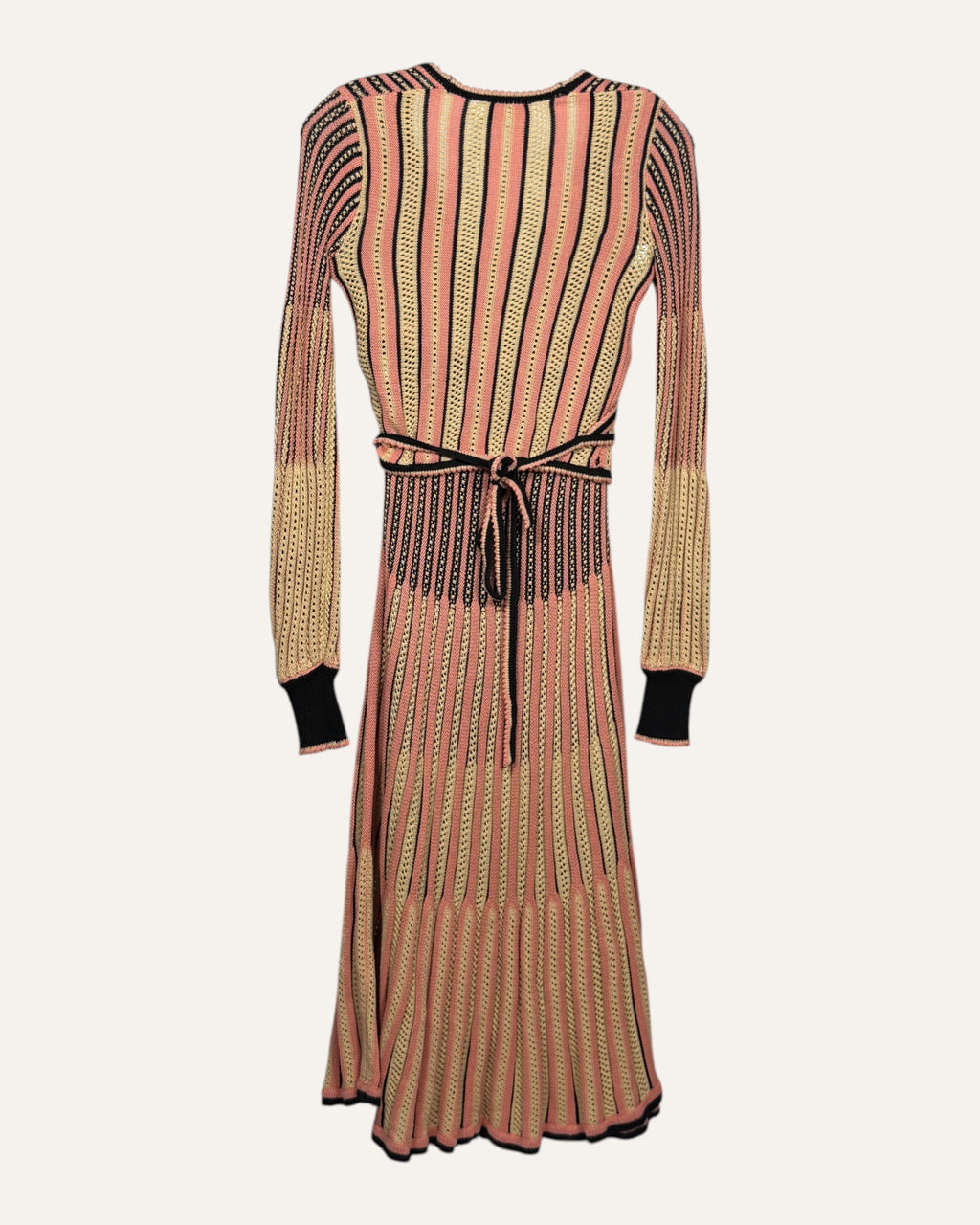 Zimmermann pink, black, and cream striped knit wrap sweater and matching midi skirt two-piece set