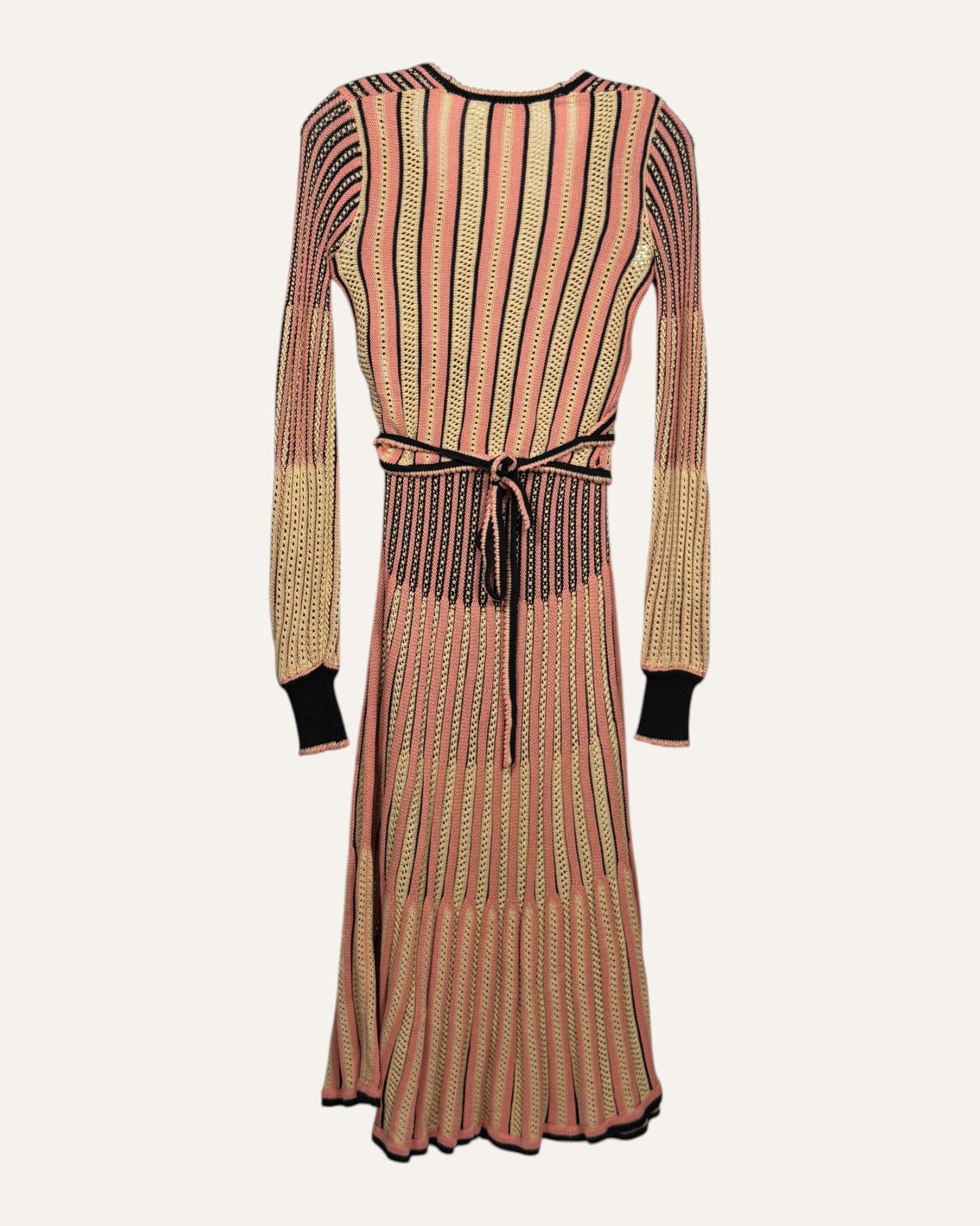 Zimmermann pink, black, and cream striped knit wrap sweater and matching midi skirt two-piece set