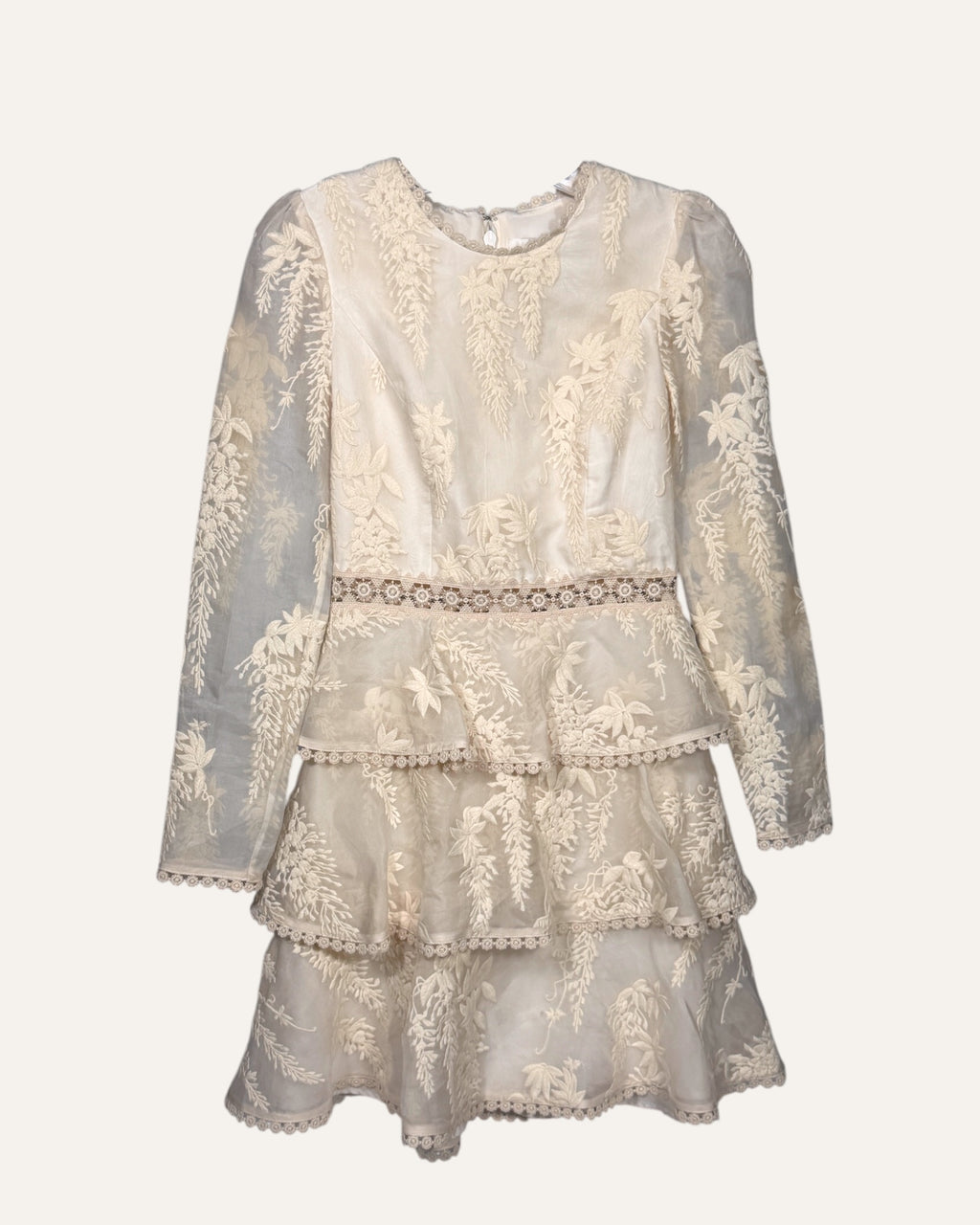 Zimmermann cream sheer brocade tiered ruffle mini dress with long sleeves and zip back