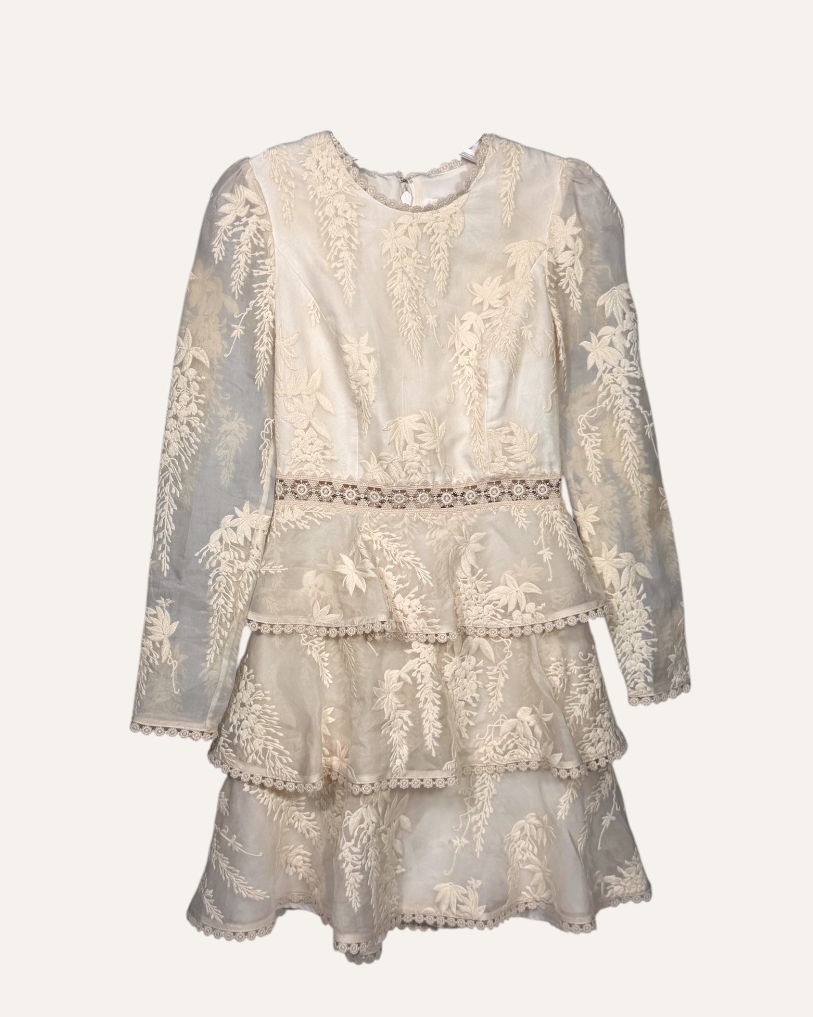 Zimmermann cream sheer brocade tiered ruffle mini dress with long sleeves and zip back