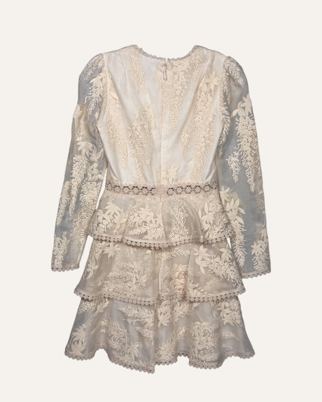 Zimmermann cream sheer brocade tiered ruffle mini dress with long sleeves and zip back