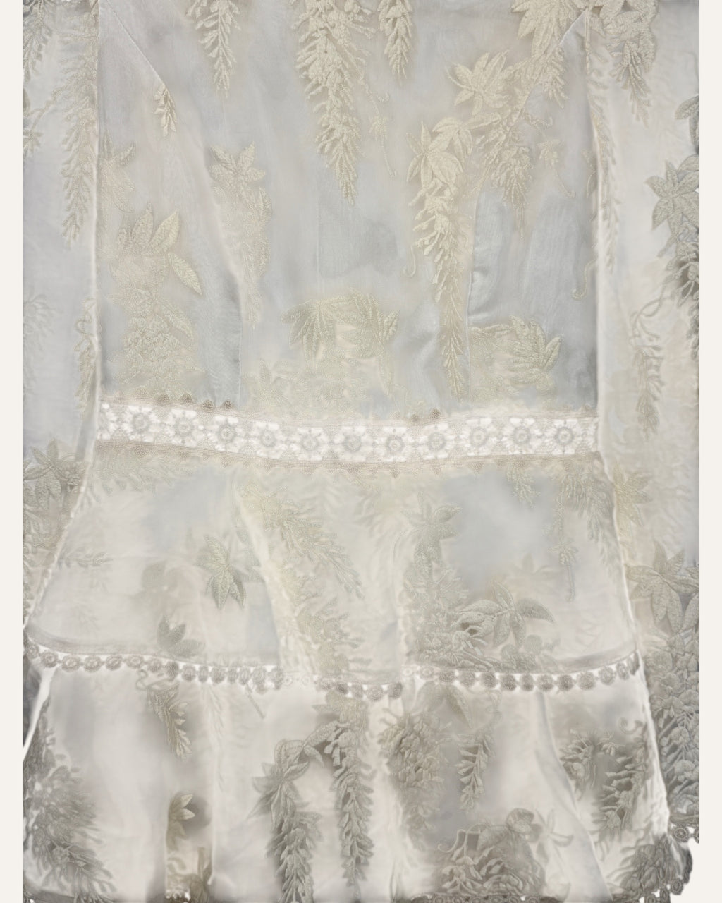 Zimmermann cream sheer brocade tiered ruffle mini dress with long sleeves and zip back